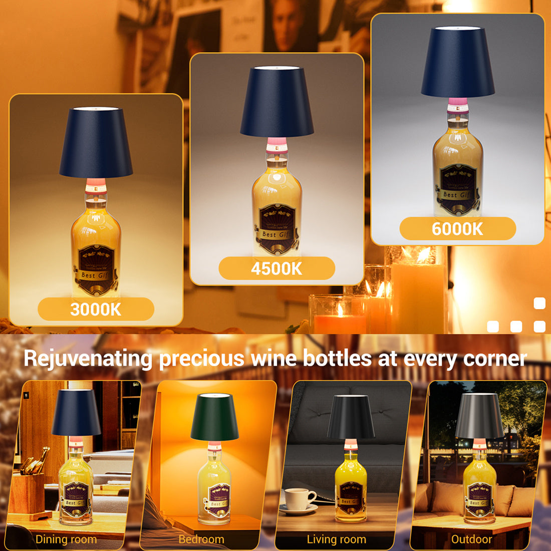 LED Wine Bottle Lamp – Touch Dimmable, Rechargeable (Set of 2)