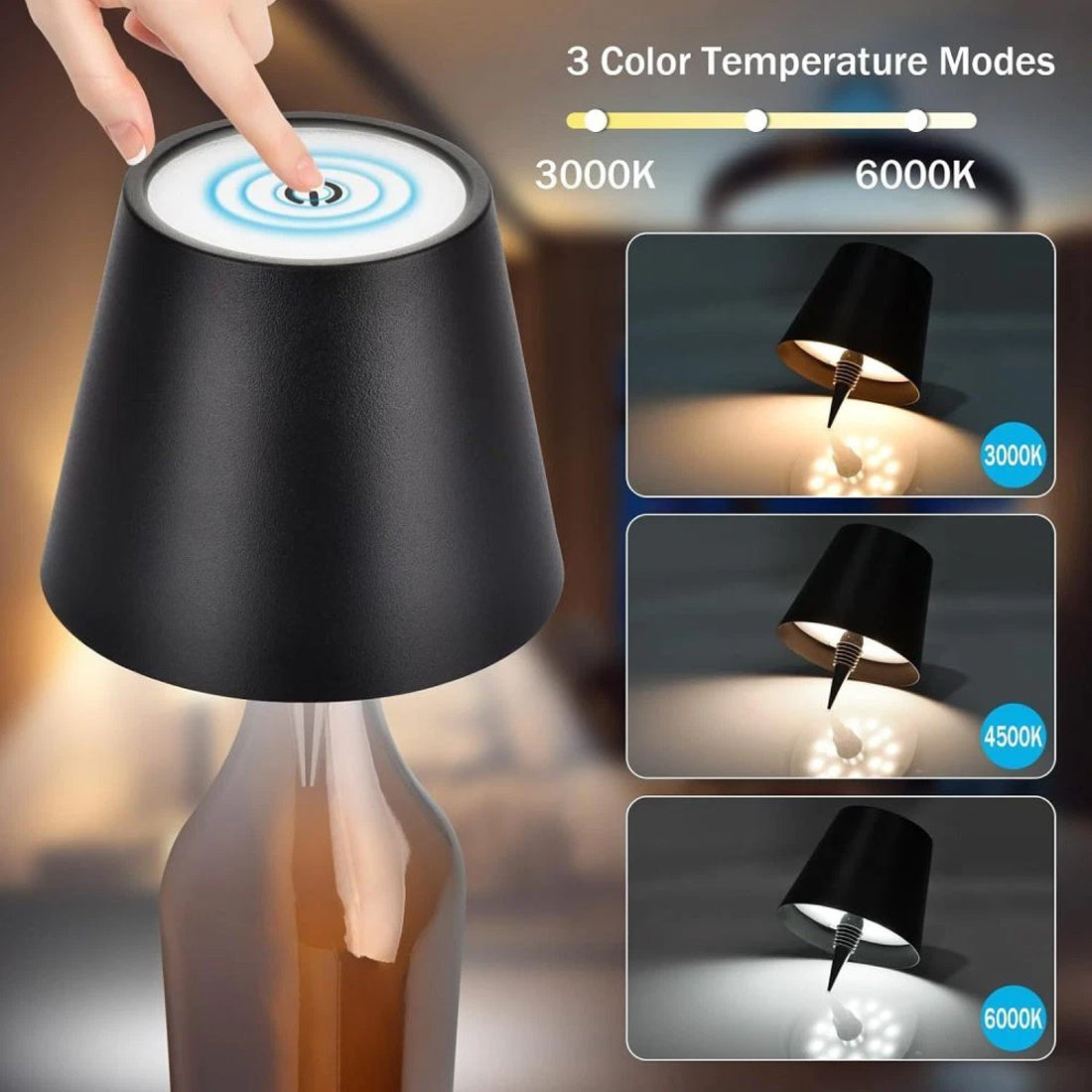 LED Wine Bottle Lamp – Touch Dimmable, Rechargeable (Set of 2)